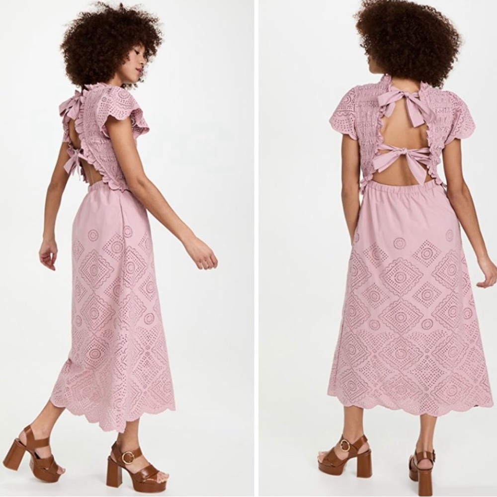 Sea New York Vienne Smocked Bodice Cotton Eyelet Midi Dress - Lilac - Sz 8
